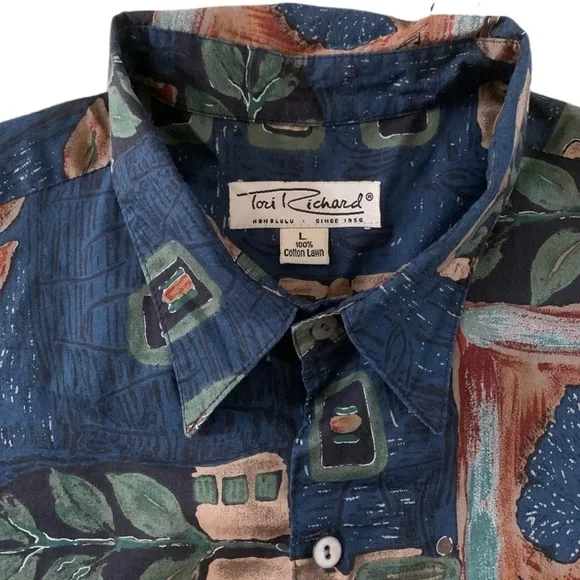 VTG. Tori Richard Men's Blue Patterned Shirt - Aloha Hawaiian Button-Up Sz L - Picture 3 of 3